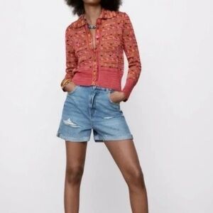 Zara pink 60s mod cactus cardigan jacquard knit button up sweater funky design